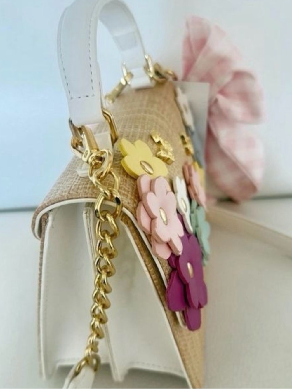 Top-Handle Floral Embellished Straw Satchel in Natural with Pastel Flowers - Picture 6 of 9